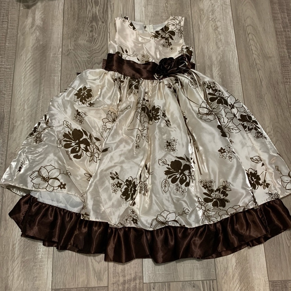 Girls' Ivory Floral Satin Party Dress with Chocolate Accents